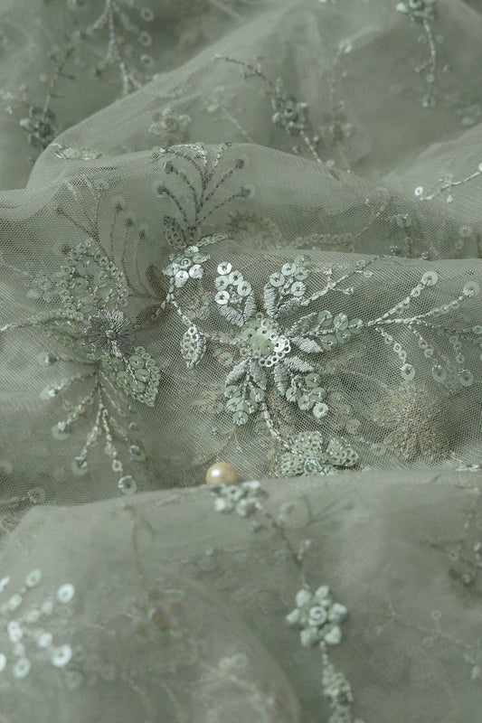 AIzaSyBcstauz-XMPRhEY21AUzeo032pxrXB5Ug - Beautiful Olive Thread With Sequins Floral Embroidery Work On Dusty Olive Soft Net Fabric