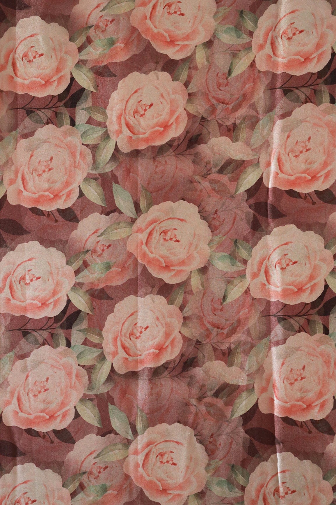 AIzaSyBcstauz-XMPRhEY21AUzeo032pxrXB5Ug - Beautiful Peach Floral Pattern Digital Print On Brown Satin Fabric