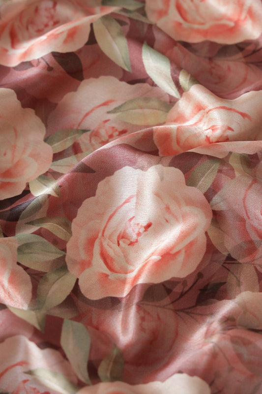 AIzaSyBcstauz-XMPRhEY21AUzeo032pxrXB5Ug - Beautiful Peach Floral Pattern Digital Print On Brown Satin Fabric