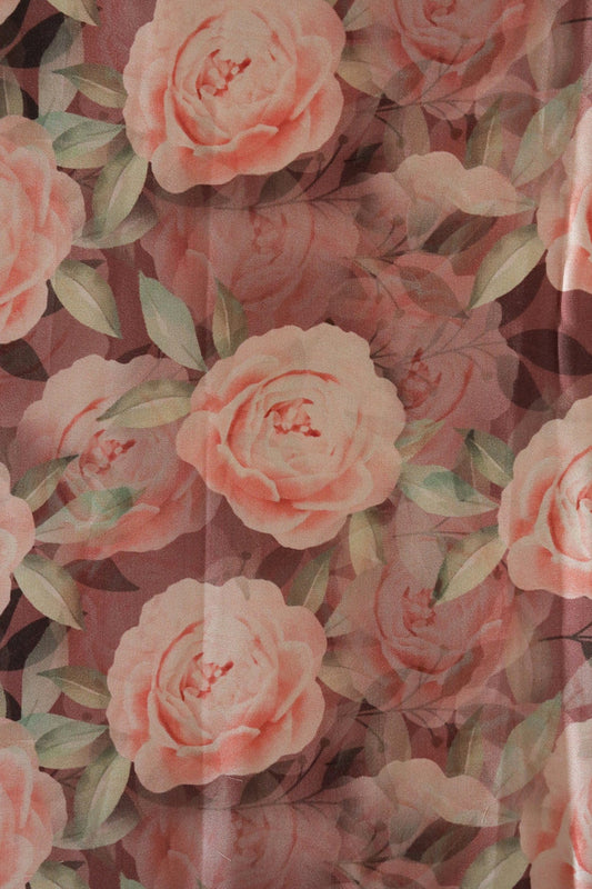 AIzaSyBcstauz-XMPRhEY21AUzeo032pxrXB5Ug - Beautiful Peach Floral Pattern Digital Print On Brown Satin Fabric