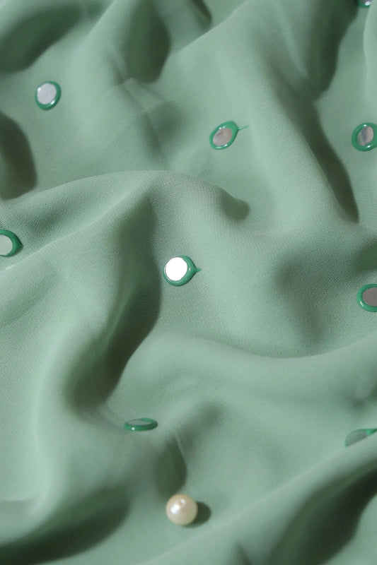 AIzaSyBcstauz-XMPRhEY21AUzeo032pxrXB5Ug - Beautiful Real Mirror Embroidery Work On Light Olive Georgette Fabric