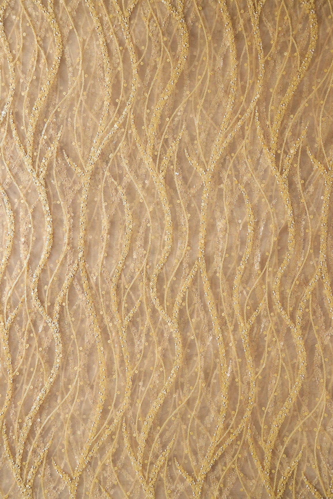 AIzaSyBcstauz-XMPRhEY21AUzeo032pxrXB5Ug - Beautiful Sequins With Beige Thread Wavy Embroidery Work On Beige Soft Net Fabric