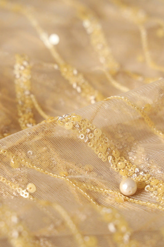 AIzaSyBcstauz-XMPRhEY21AUzeo032pxrXB5Ug - Beautiful Sequins With Beige Thread Wavy Embroidery Work On Beige Soft Net Fabric