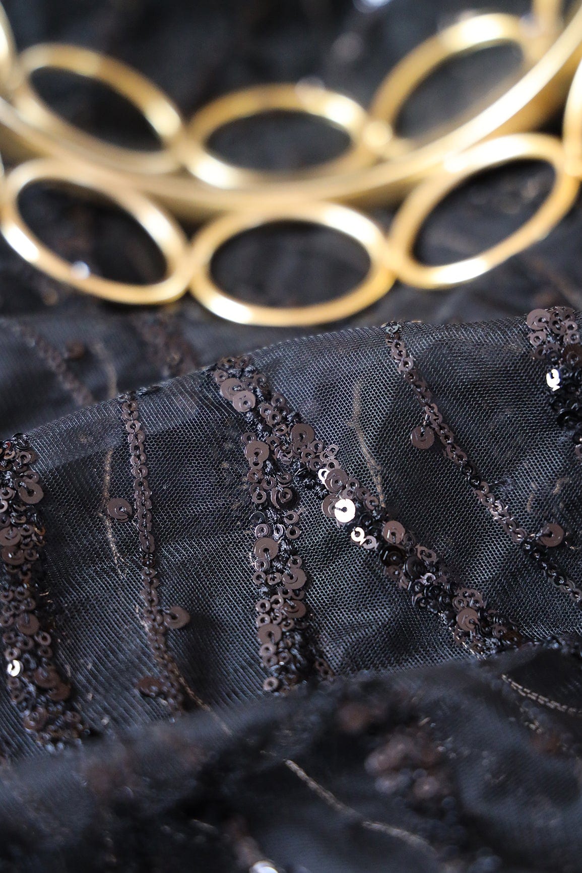 AIzaSyBcstauz-XMPRhEY21AUzeo032pxrXB5Ug - Beautiful Sequins With Black Thread Wavy Embroidery Work On Black Soft Net Fabric
