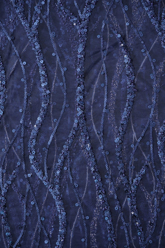 AIzaSyBcstauz-XMPRhEY21AUzeo032pxrXB5Ug - Beautiful Sequins With Blue Thread Wavy Embroidery Work On Navy Blue Soft Net Fabric