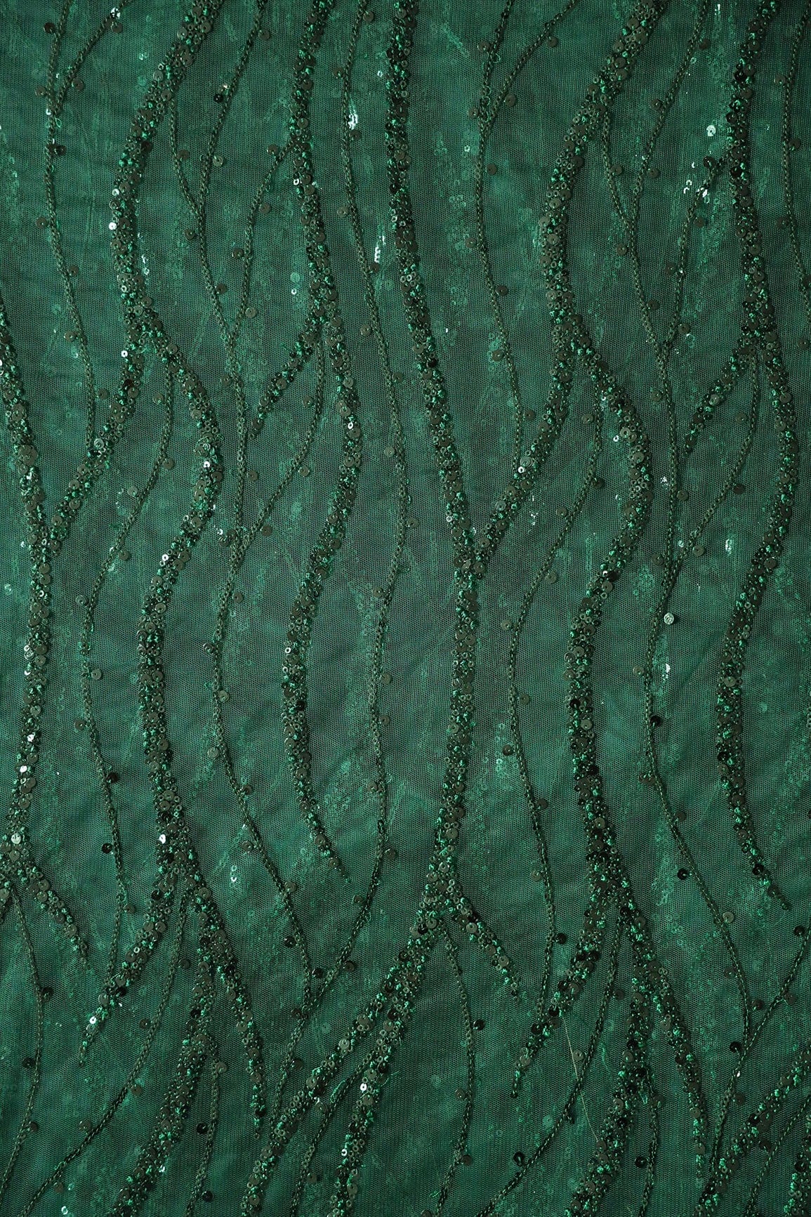 AIzaSyBcstauz-XMPRhEY21AUzeo032pxrXB5Ug - Beautiful Sequins With Green Thread Wavy Embroidery Work On Bottle Green Soft Net Fabric