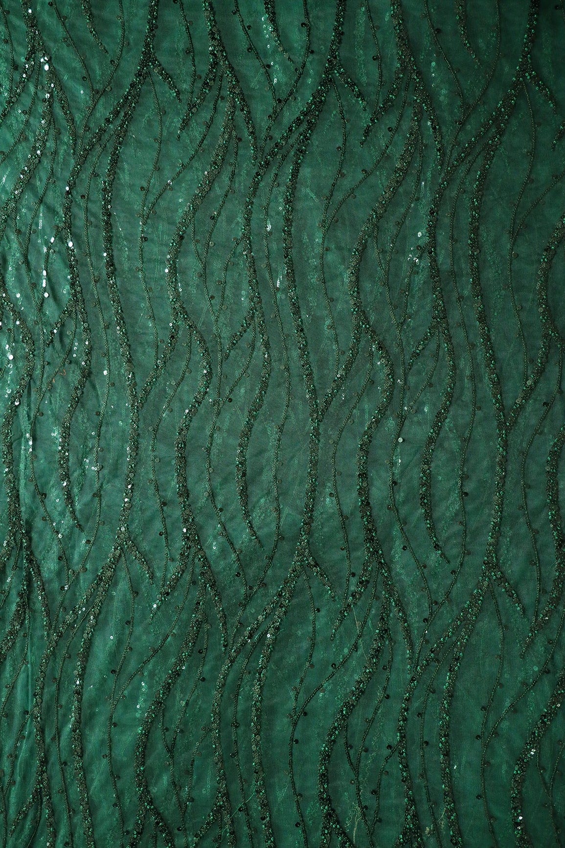 AIzaSyBcstauz-XMPRhEY21AUzeo032pxrXB5Ug - Beautiful Sequins With Green Thread Wavy Embroidery Work On Bottle Green Soft Net Fabric