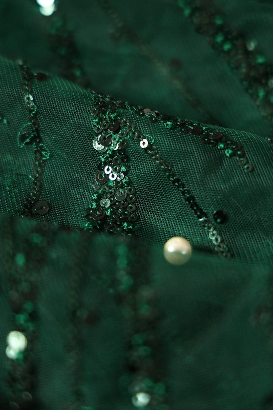 AIzaSyBcstauz-XMPRhEY21AUzeo032pxrXB5Ug - Beautiful Sequins With Green Thread Wavy Embroidery Work On Bottle Green Soft Net Fabric