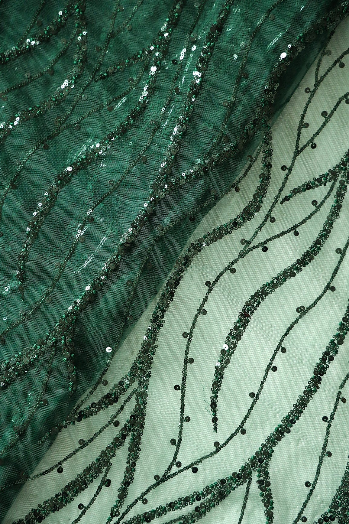 AIzaSyBcstauz-XMPRhEY21AUzeo032pxrXB5Ug - Beautiful Sequins With Green Thread Wavy Embroidery Work On Bottle Green Soft Net Fabric