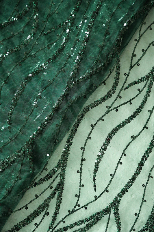 AIzaSyBcstauz-XMPRhEY21AUzeo032pxrXB5Ug - Beautiful Sequins With Green Thread Wavy Embroidery Work On Bottle Green Soft Net Fabric
