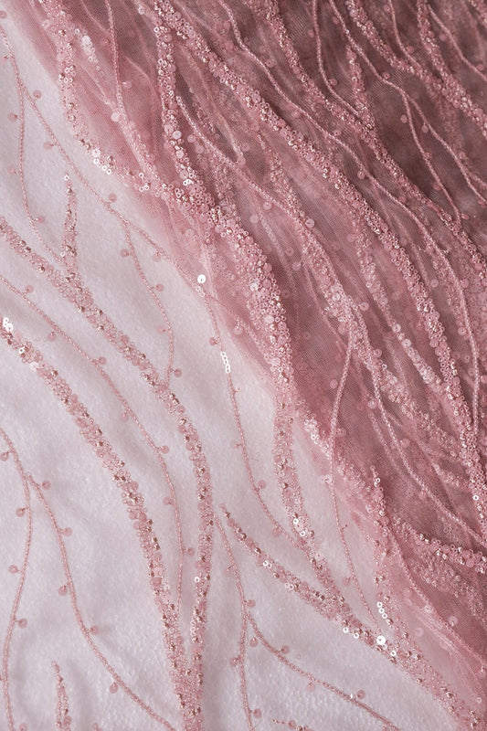 AIzaSyBcstauz-XMPRhEY21AUzeo032pxrXB5Ug - Beautiful Sequins With Mauve Thread Wavy Embroidery Work On Mauve Soft Net Fabric