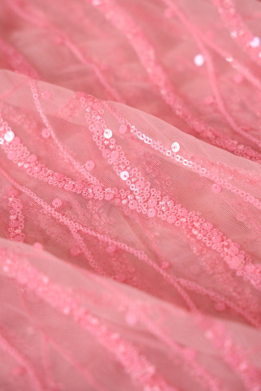 AIzaSyBcstauz-XMPRhEY21AUzeo032pxrXB5Ug - Beautiful Sequins With Pink Thread Wavy Embroidery Work On Pink Soft Net Fabric