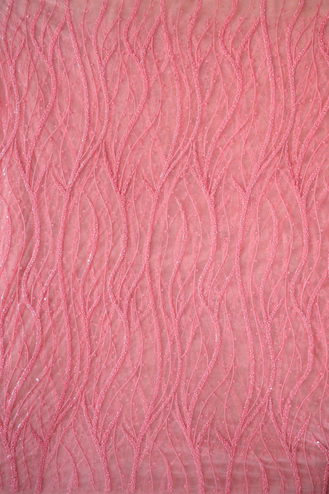 AIzaSyBcstauz-XMPRhEY21AUzeo032pxrXB5Ug - Beautiful Sequins With Pink Thread Wavy Embroidery Work On Pink Soft Net Fabric