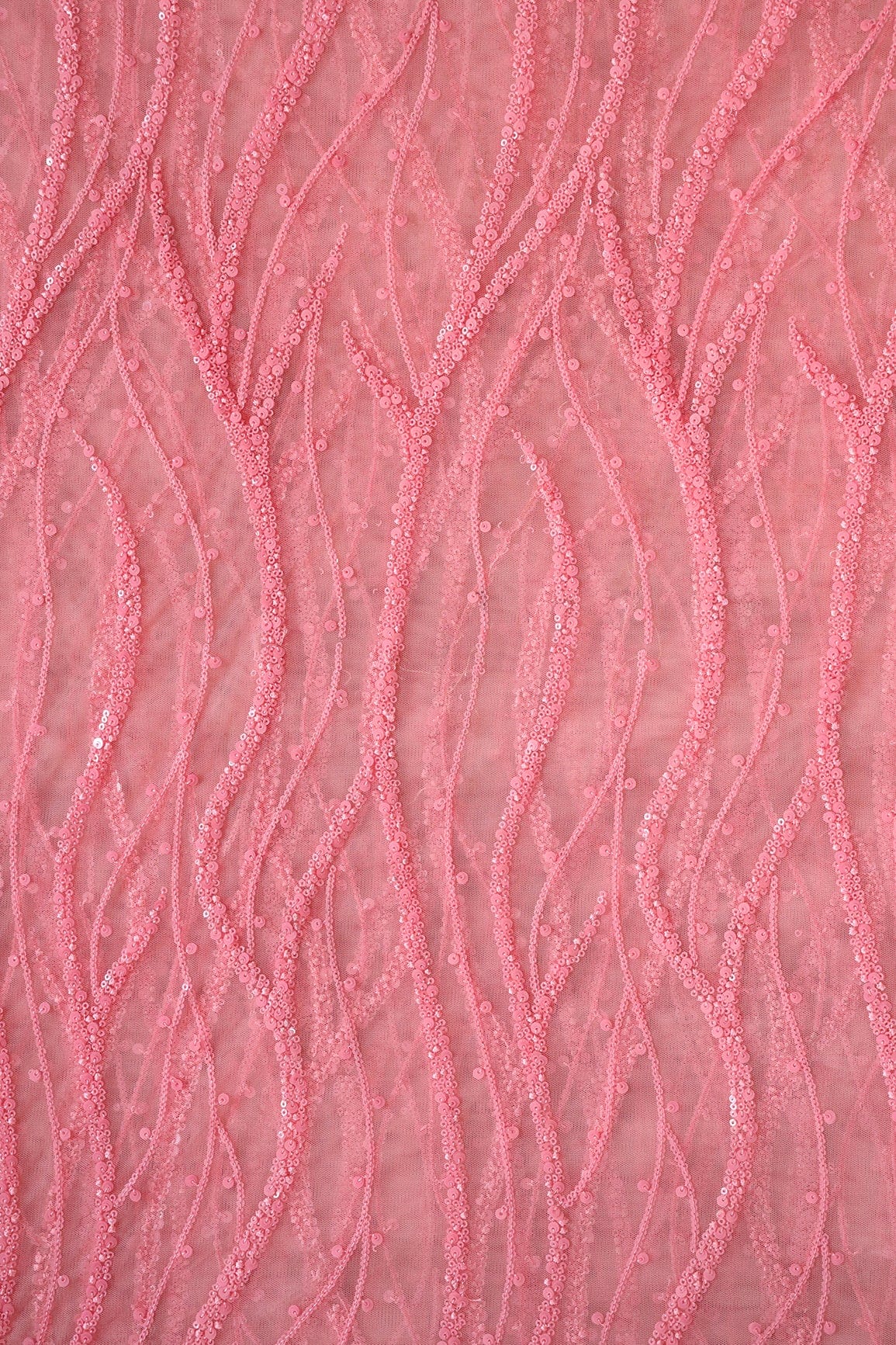 AIzaSyBcstauz-XMPRhEY21AUzeo032pxrXB5Ug - Beautiful Sequins With Pink Thread Wavy Embroidery Work On Pink Soft Net Fabric