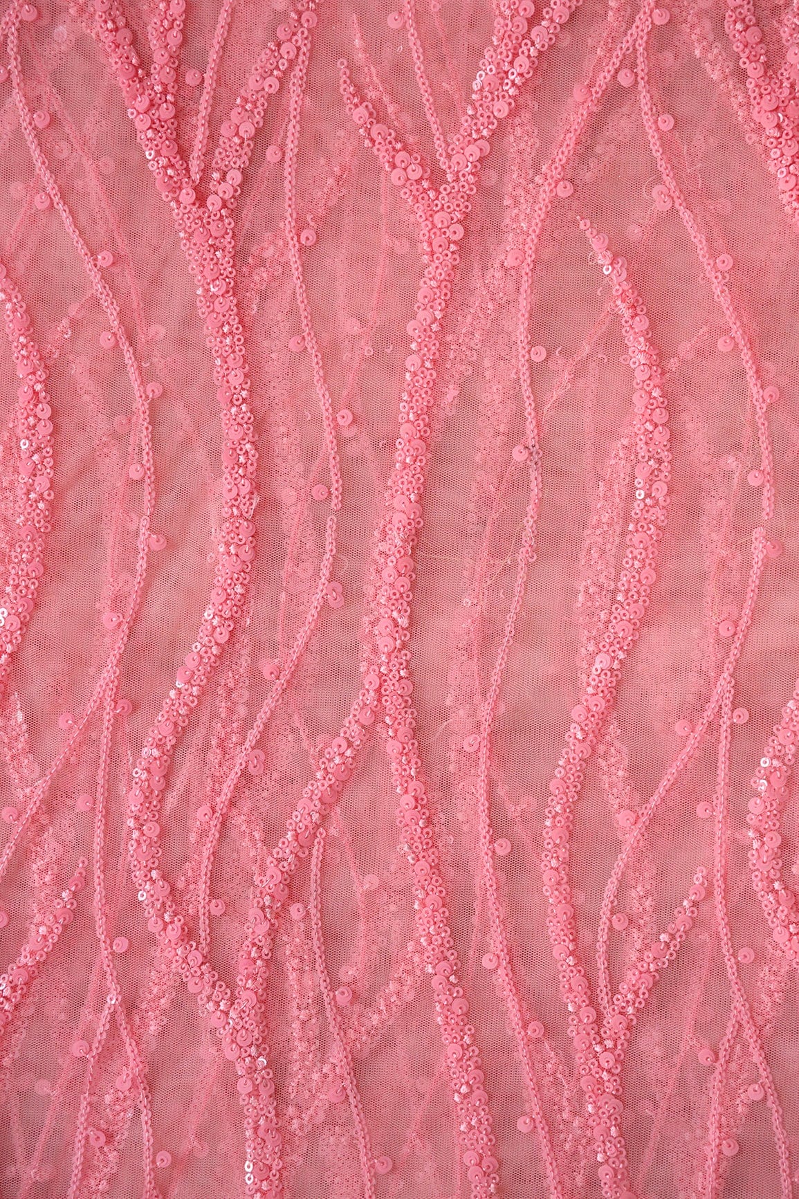 AIzaSyBcstauz-XMPRhEY21AUzeo032pxrXB5Ug - Beautiful Sequins With Pink Thread Wavy Embroidery Work On Pink Soft Net Fabric