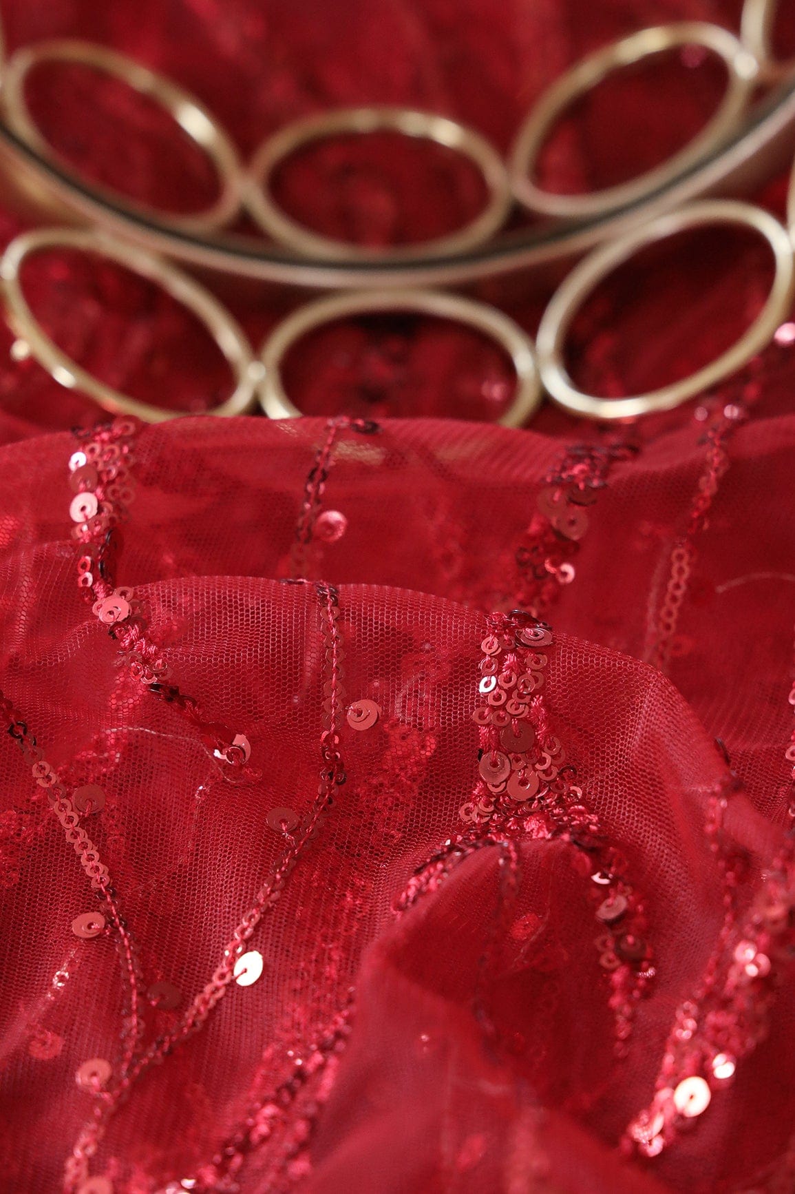 AIzaSyBcstauz-XMPRhEY21AUzeo032pxrXB5Ug - Beautiful Sequins With Red Thread Wavy Embroidery Work On Red Soft Net Fabric