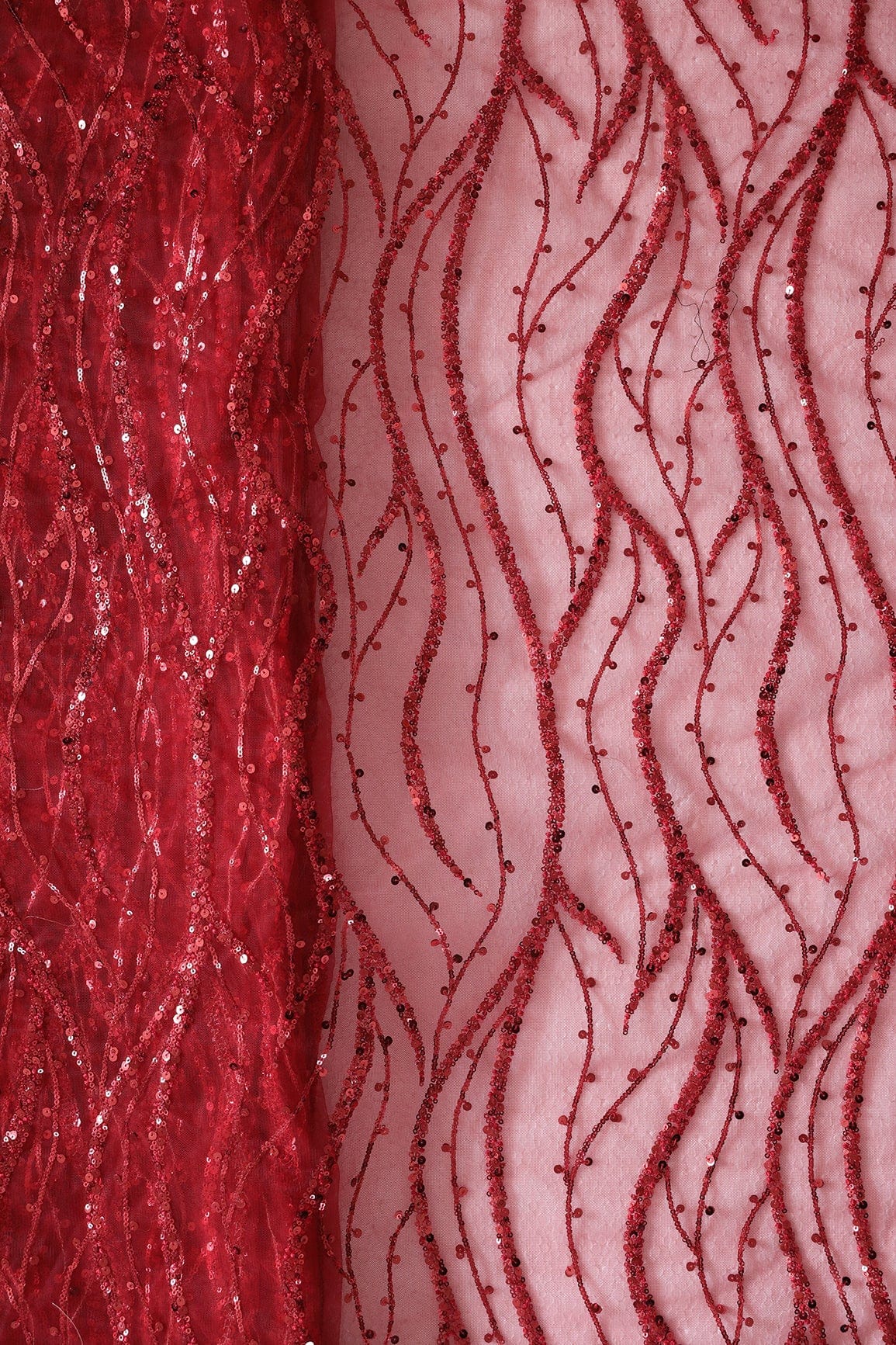 AIzaSyBcstauz-XMPRhEY21AUzeo032pxrXB5Ug - Beautiful Sequins With Red Thread Wavy Embroidery Work On Red Soft Net Fabric