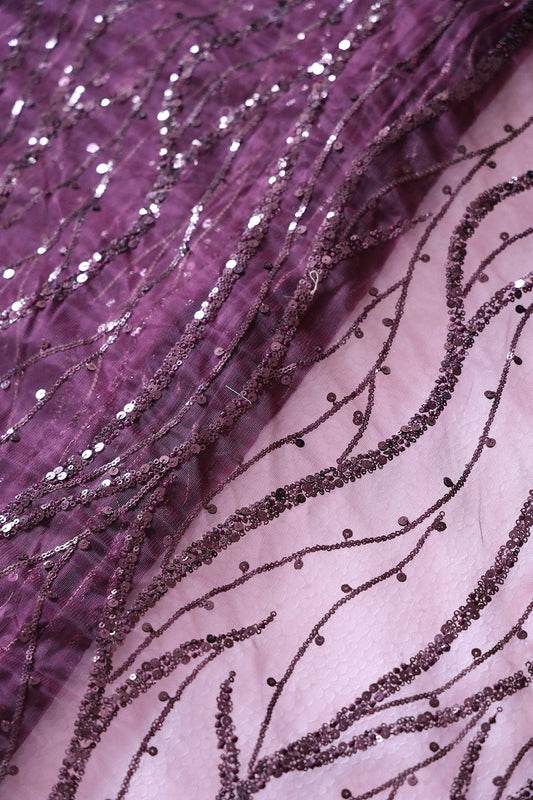 AIzaSyBcstauz-XMPRhEY21AUzeo032pxrXB5Ug - Beautiful Sequins With Wine Thread Wavy Embroidery Work On Wine Soft Net Fabric