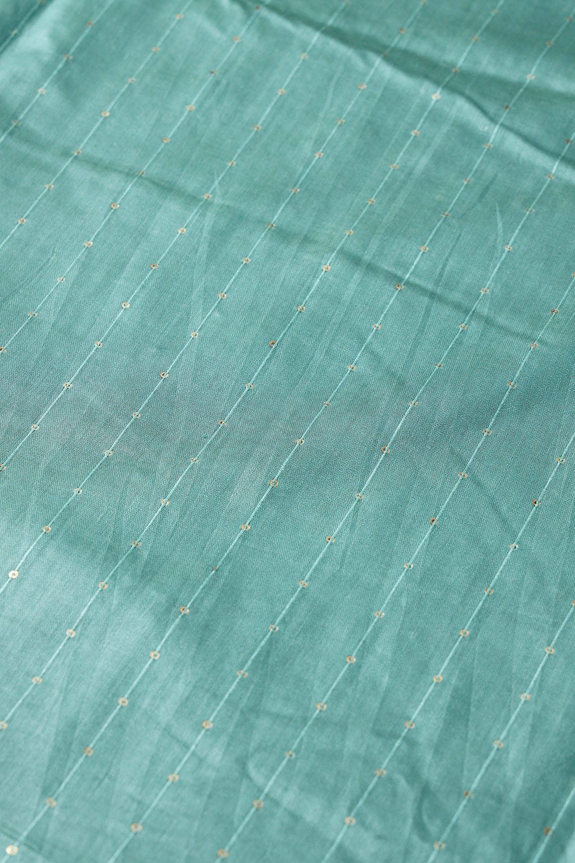 AIzaSyBcstauz-XMPRhEY21AUzeo032pxrXB5Ug - Beautiful Teal Thread With Gold Sequins Stripes Embroidery On Teal Viscose Chanderi Silk Fabric