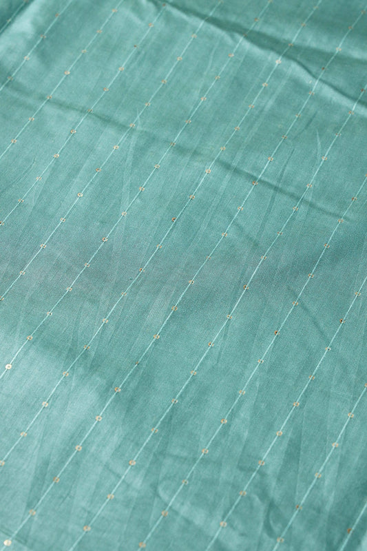 AIzaSyBcstauz-XMPRhEY21AUzeo032pxrXB5Ug - Beautiful Teal Thread With Gold Sequins Stripes Embroidery On Teal Viscose Chanderi Silk Fabric