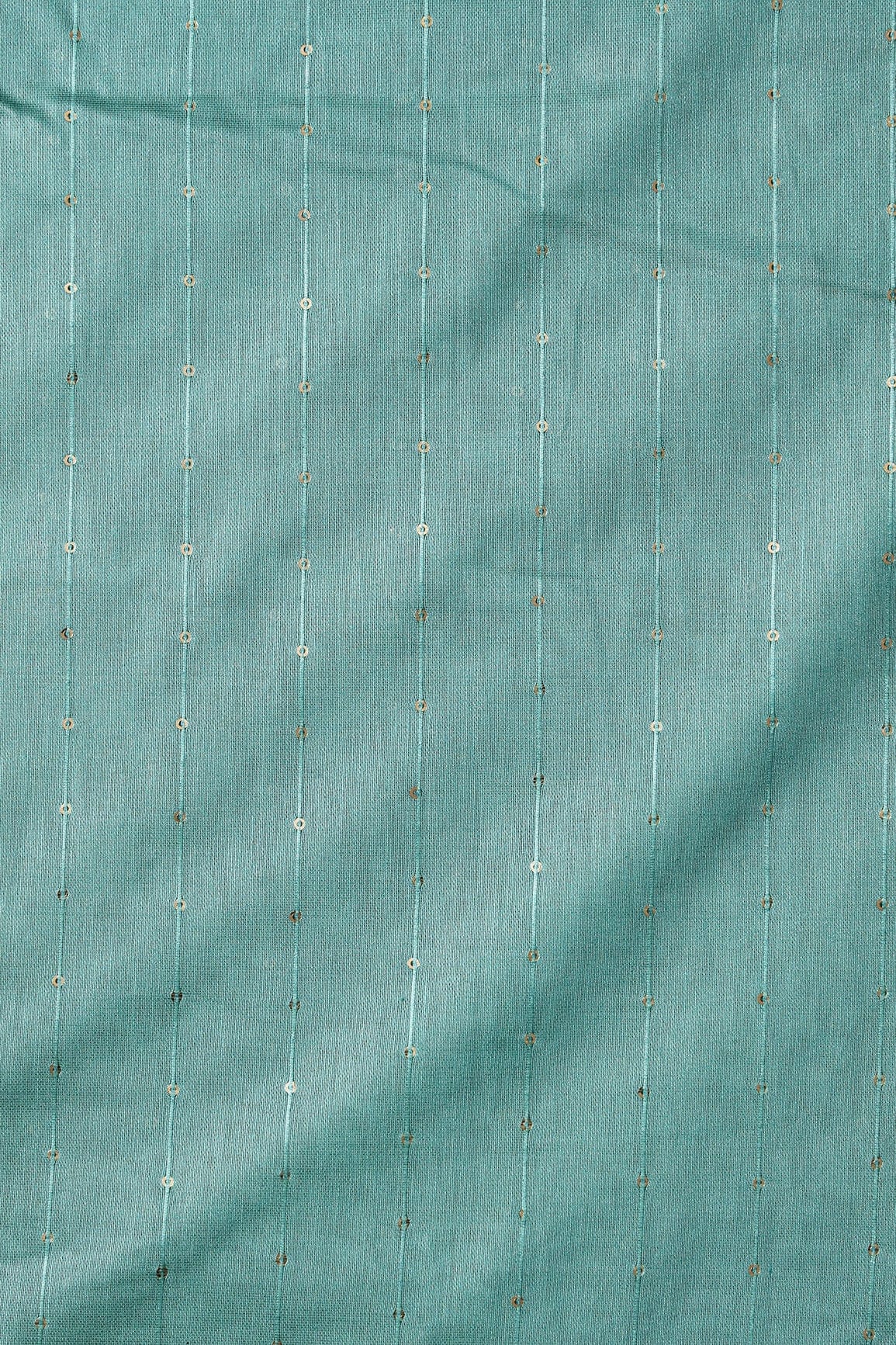 AIzaSyBcstauz-XMPRhEY21AUzeo032pxrXB5Ug - Beautiful Teal Thread With Gold Sequins Stripes Embroidery On Teal Viscose Chanderi Silk Fabric