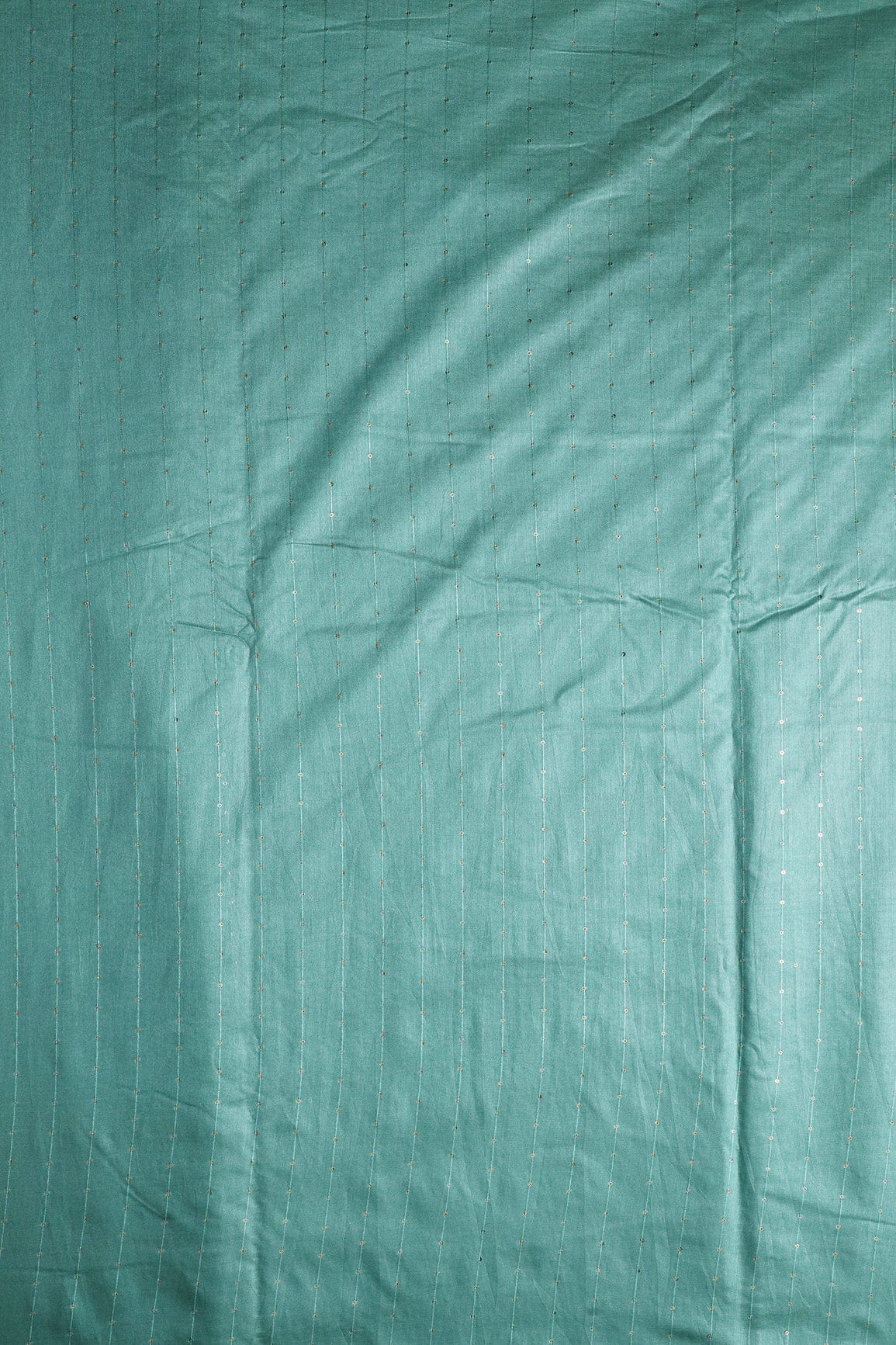 AIzaSyBcstauz-XMPRhEY21AUzeo032pxrXB5Ug - Beautiful Teal Thread With Gold Sequins Stripes Embroidery On Teal Viscose Chanderi Silk Fabric