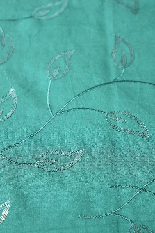 AIzaSyBcstauz-XMPRhEY21AUzeo032pxrXB5Ug - Beautiful Water Sequins Leafy Embroidery On Teal Pure Chanderi Silk Fabric