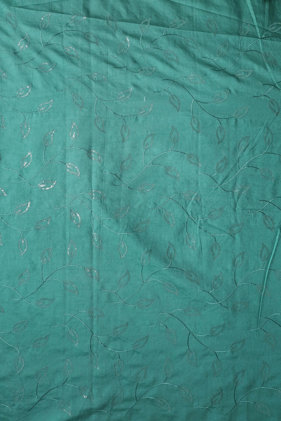 AIzaSyBcstauz-XMPRhEY21AUzeo032pxrXB5Ug - Beautiful Water Sequins Leafy Embroidery On Teal Pure Chanderi Silk Fabric