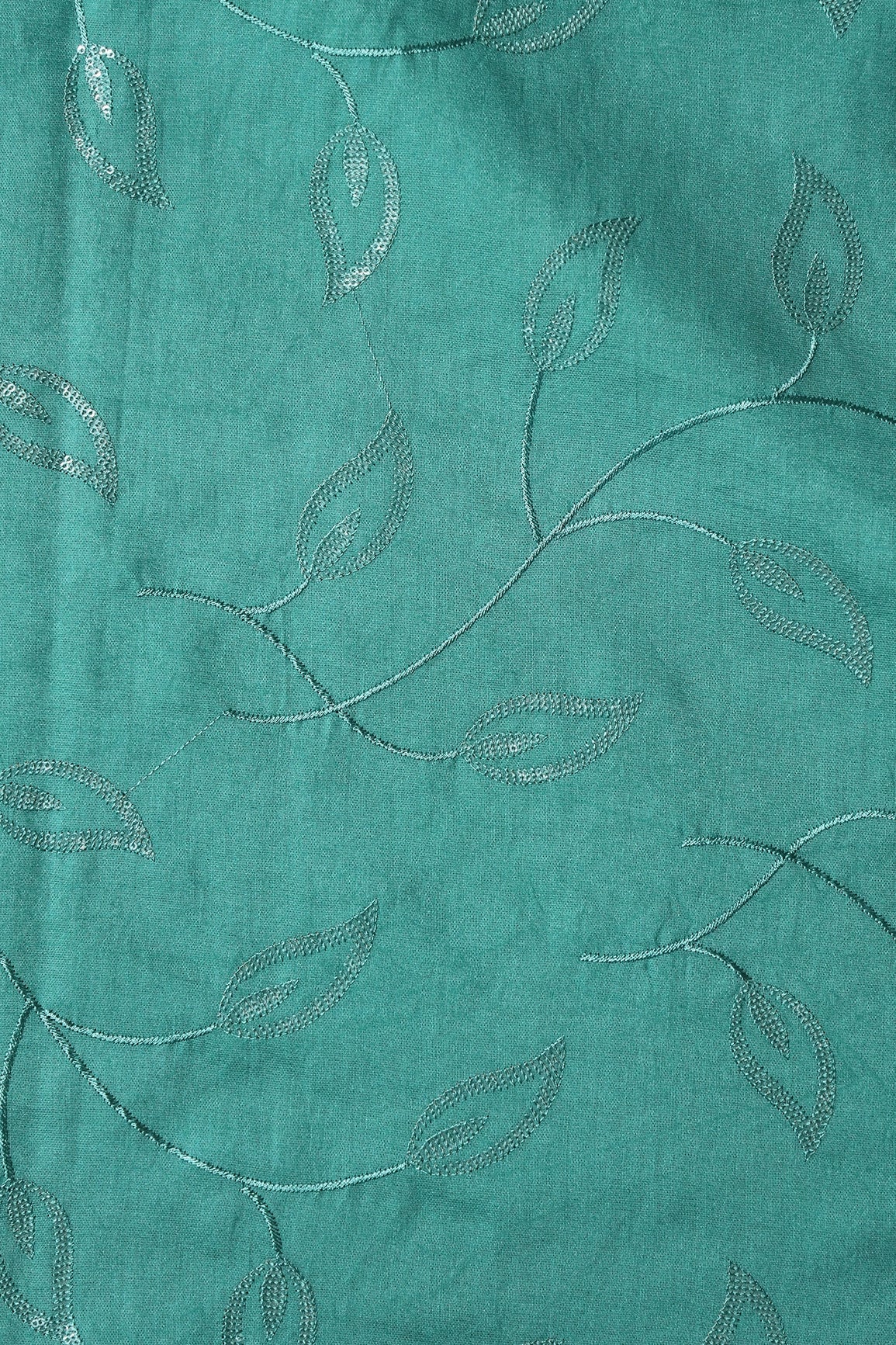 AIzaSyBcstauz-XMPRhEY21AUzeo032pxrXB5Ug - Beautiful Water Sequins Leafy Embroidery On Teal Pure Chanderi Silk Fabric