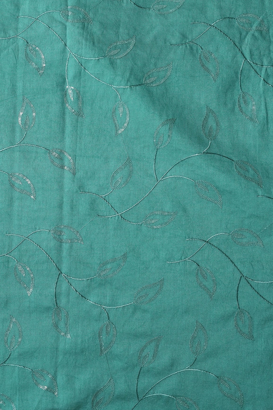 AIzaSyBcstauz-XMPRhEY21AUzeo032pxrXB5Ug - Beautiful Water Sequins Leafy Embroidery On Teal Pure Chanderi Silk Fabric