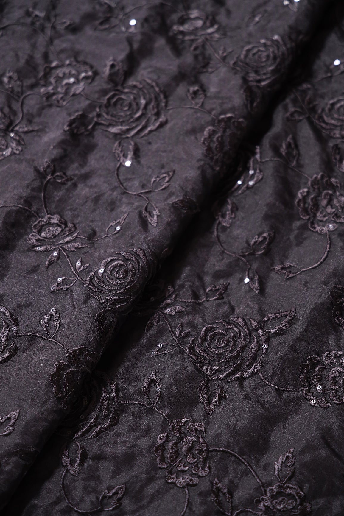 AIzaSyBcstauz-XMPRhEY21AUzeo032pxrXB5Ug - Beautiful Water Sequins With Thread Floral Embroidery On Black Organza Fabric