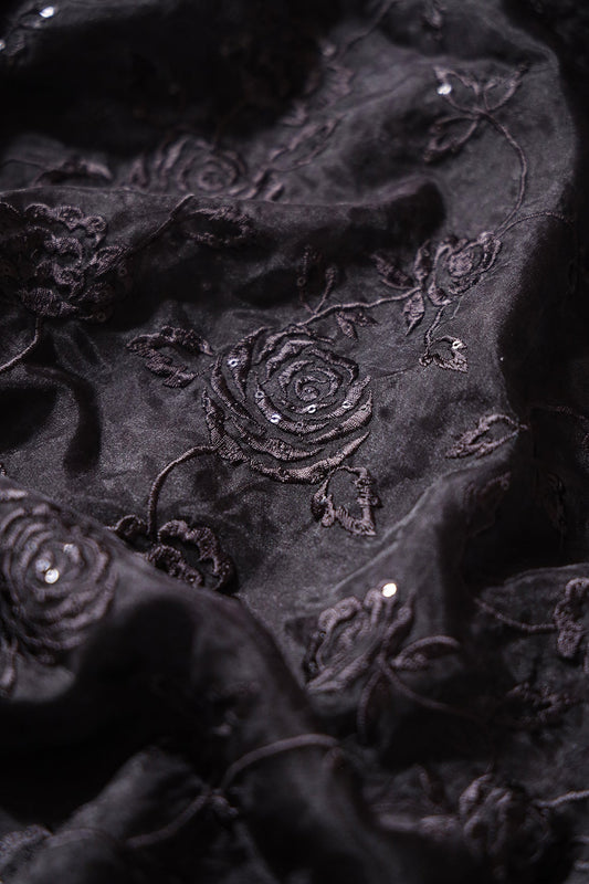 AIzaSyBcstauz-XMPRhEY21AUzeo032pxrXB5Ug - Beautiful Water Sequins With Thread Floral Embroidery On Black Organza Fabric