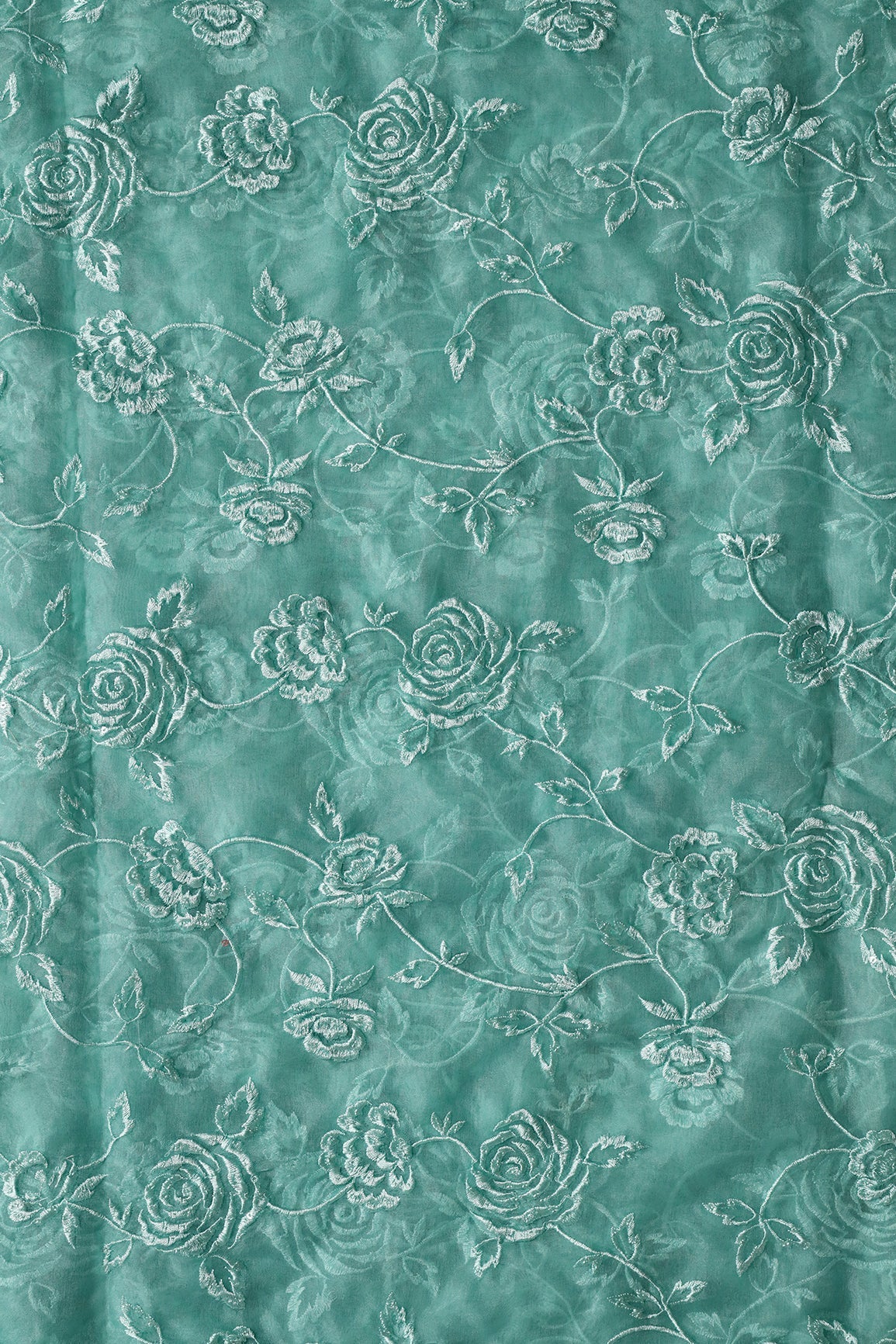 AIzaSyBcstauz-XMPRhEY21AUzeo032pxrXB5Ug - Beautiful Water Sequins With Thread Floral Embroidery On Teal Organza Fabric