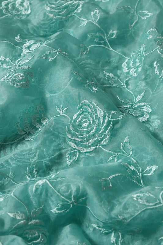 AIzaSyBcstauz-XMPRhEY21AUzeo032pxrXB5Ug - Beautiful Water Sequins With Thread Floral Embroidery On Teal Organza Fabric