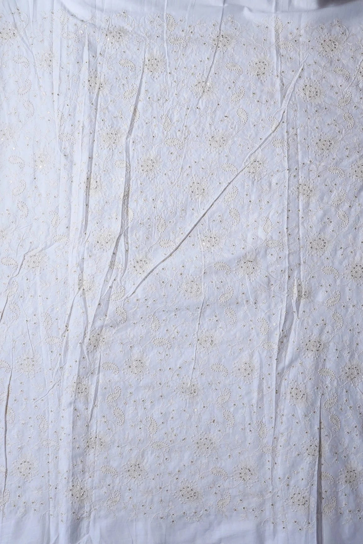 AIzaSyBcstauz-XMPRhEY21AUzeo032pxrXB5Ug - Beautiful White Thread With Gold Sequins Lucknowi Floral Embroidery Work On White Soft Cotton Fabric