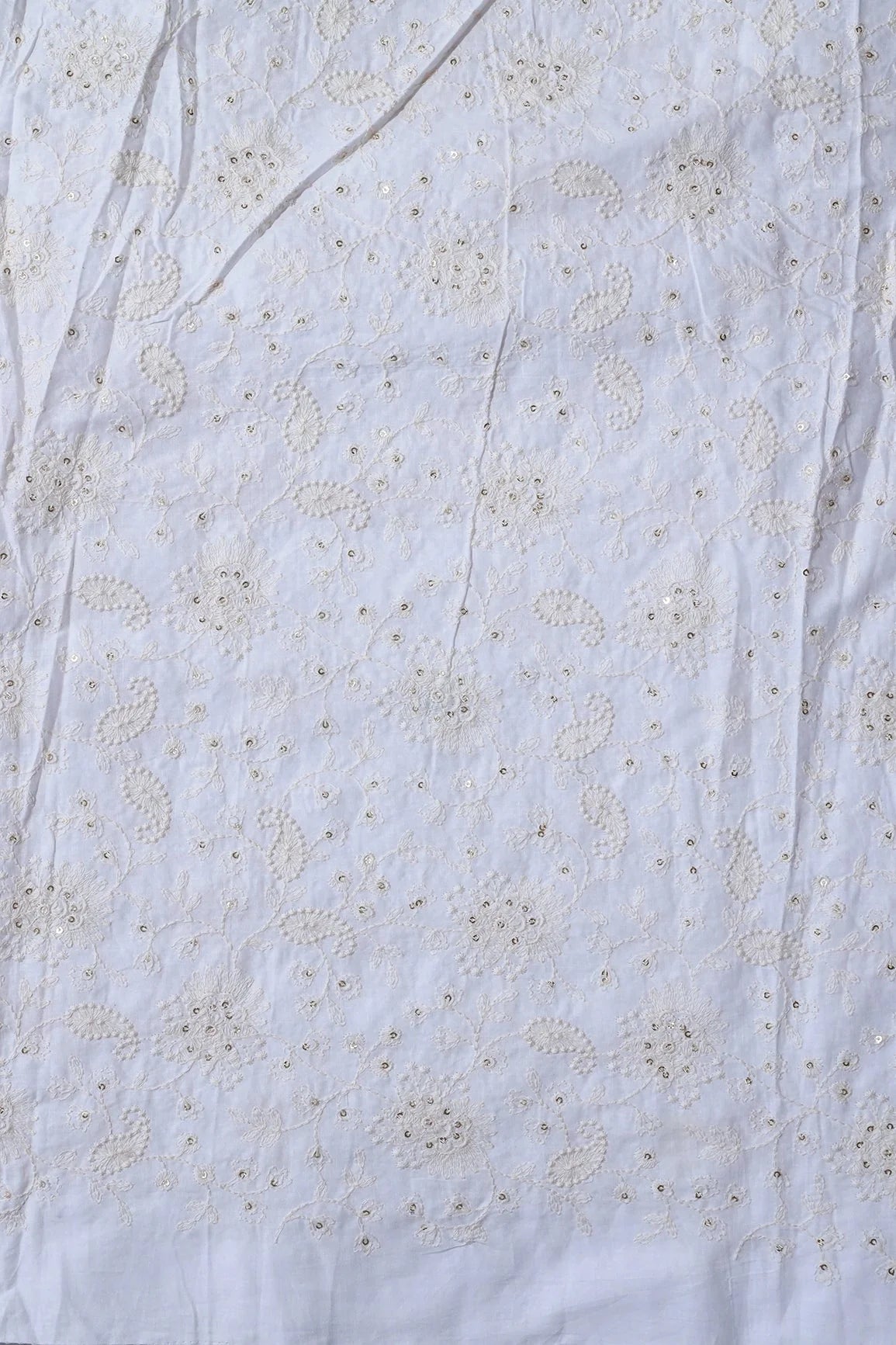 AIzaSyBcstauz-XMPRhEY21AUzeo032pxrXB5Ug - Beautiful White Thread With Gold Sequins Lucknowi Floral Embroidery Work On White Soft Cotton Fabric