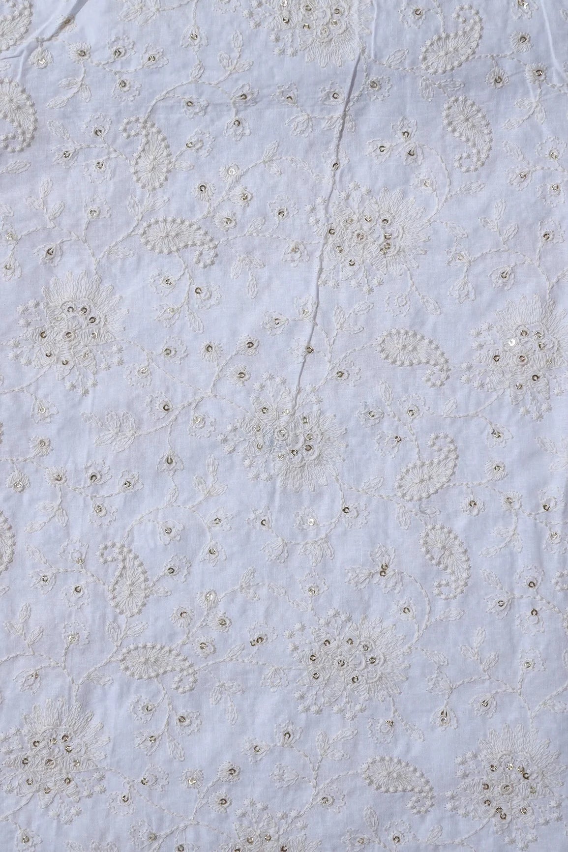 AIzaSyBcstauz-XMPRhEY21AUzeo032pxrXB5Ug - Beautiful White Thread With Gold Sequins Lucknowi Floral Embroidery Work On White Soft Cotton Fabric