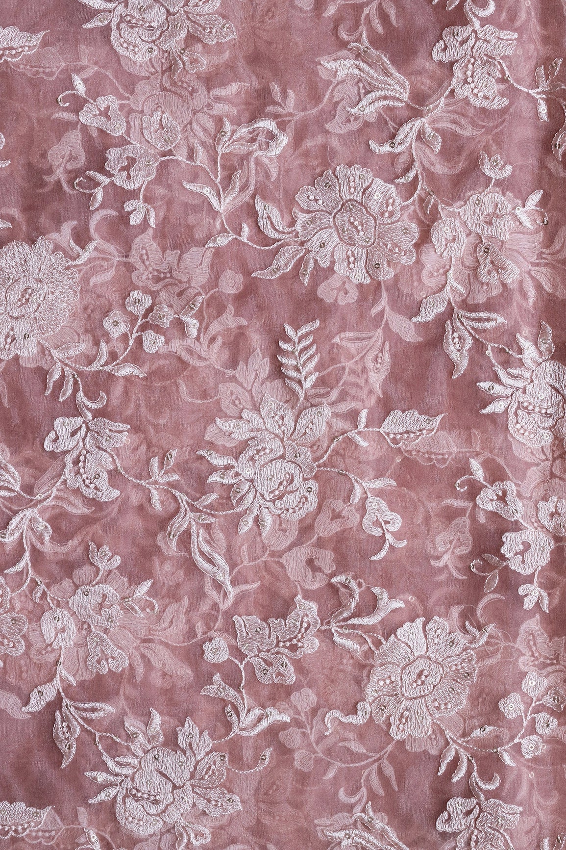 AIzaSyBcstauz-XMPRhEY21AUzeo032pxrXB5Ug - Beautiful White Thread With Sequins Floral Embroidery Work On Light Brown Organza Fabric