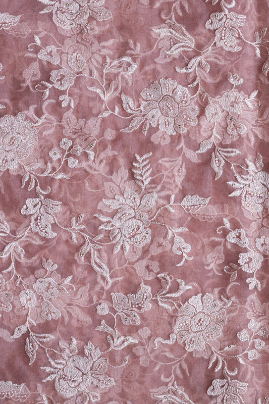 AIzaSyBcstauz-XMPRhEY21AUzeo032pxrXB5Ug - Beautiful White Thread With Sequins Floral Embroidery Work On Light Brown Organza Fabric