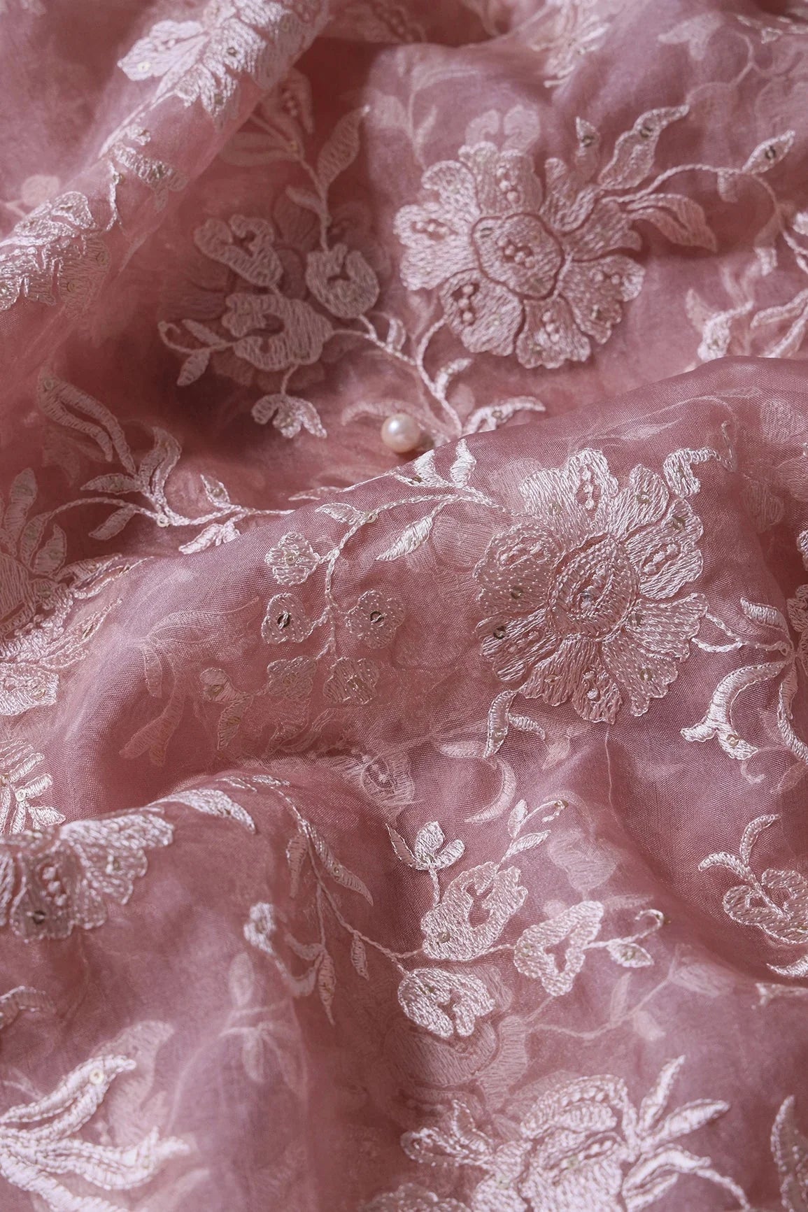 AIzaSyBcstauz-XMPRhEY21AUzeo032pxrXB5Ug - Beautiful White Thread With Sequins Floral Embroidery Work On Light Brown Organza Fabric