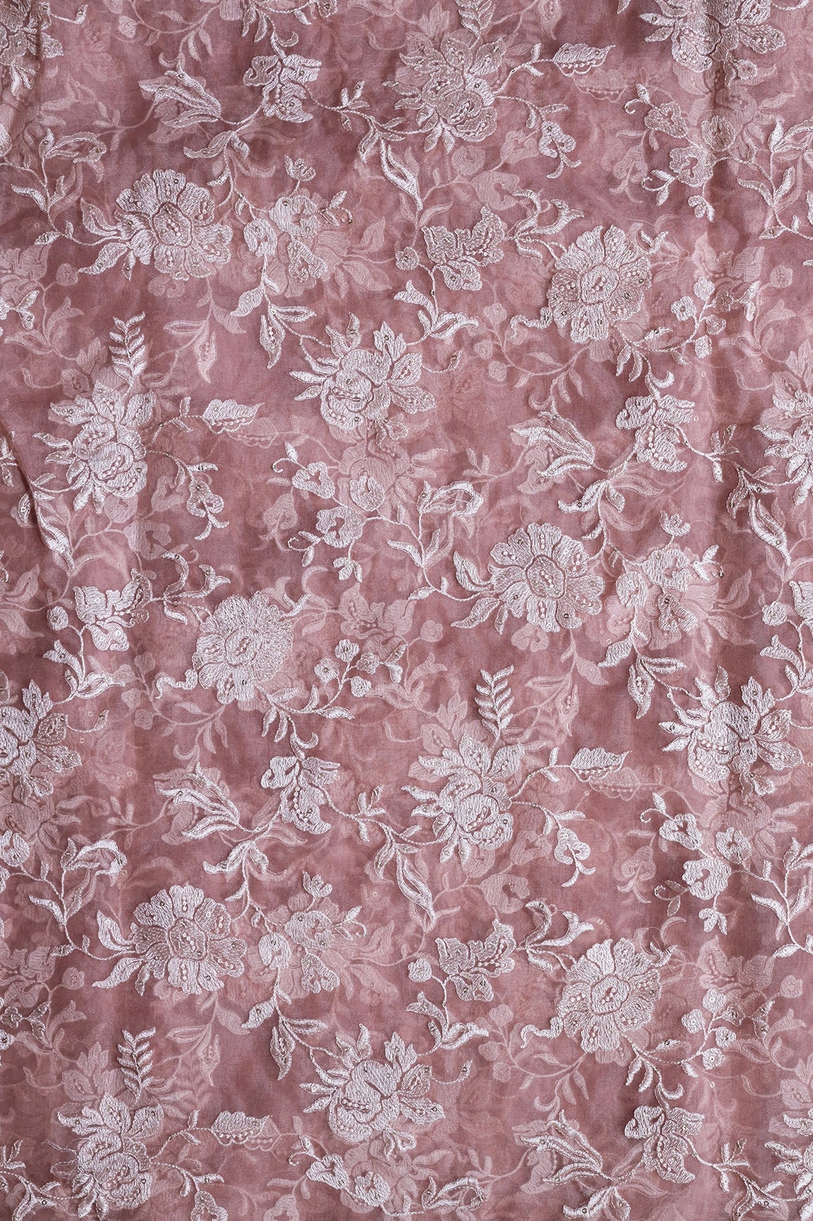 AIzaSyBcstauz-XMPRhEY21AUzeo032pxrXB5Ug - Beautiful White Thread With Sequins Floral Embroidery Work On Light Brown Organza Fabric