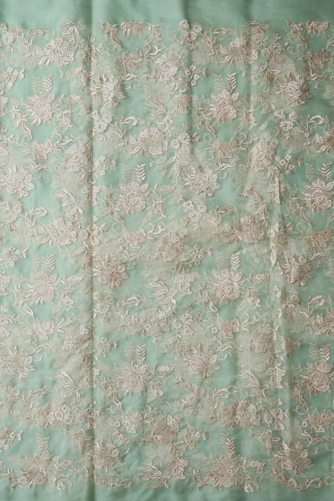 AIzaSyBcstauz-XMPRhEY21AUzeo032pxrXB5Ug - Beautiful White Thread With Sequins Floral Embroidery Work On Pista Green Organza Fabric