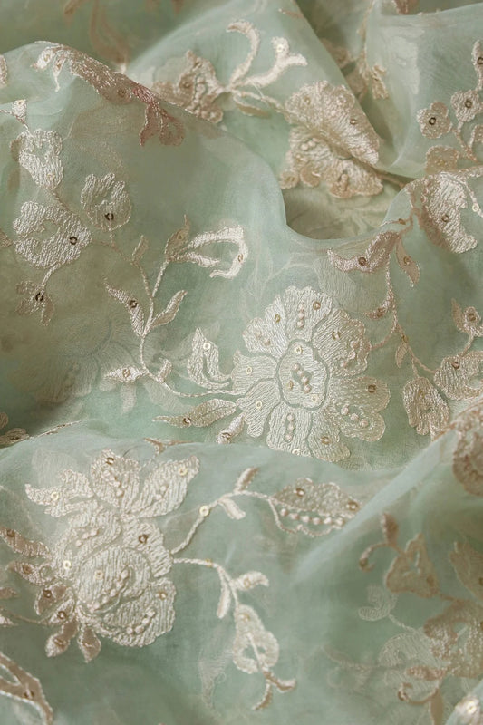 AIzaSyBcstauz-XMPRhEY21AUzeo032pxrXB5Ug - Beautiful White Thread With Sequins Floral Embroidery Work On Pista Green Organza Fabric