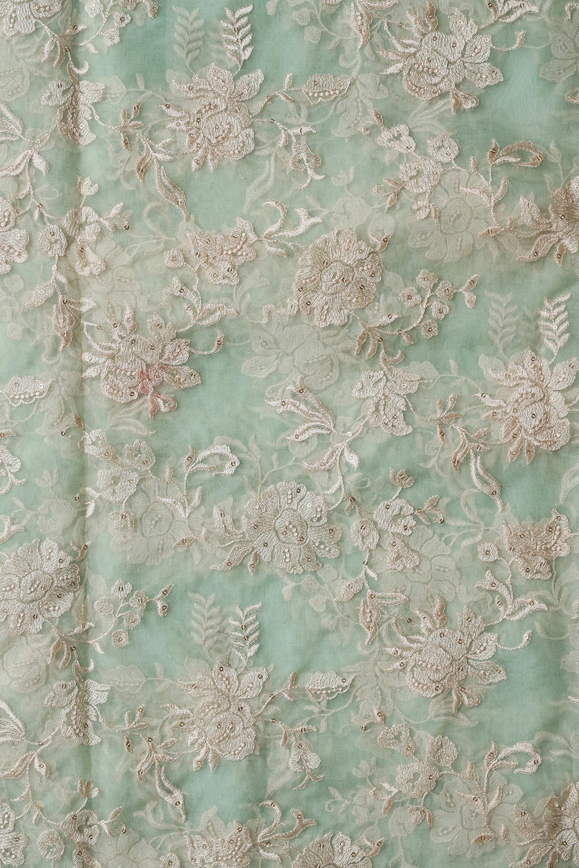 AIzaSyBcstauz-XMPRhEY21AUzeo032pxrXB5Ug - Beautiful White Thread With Sequins Floral Embroidery Work On Pista Green Organza Fabric