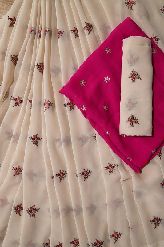 AIzaSyBcstauz-XMPRhEY21AUzeo032pxrXB5Ug - Beige And Fuchsia Unstitched Lehenga Set Fabric (3 Piece)