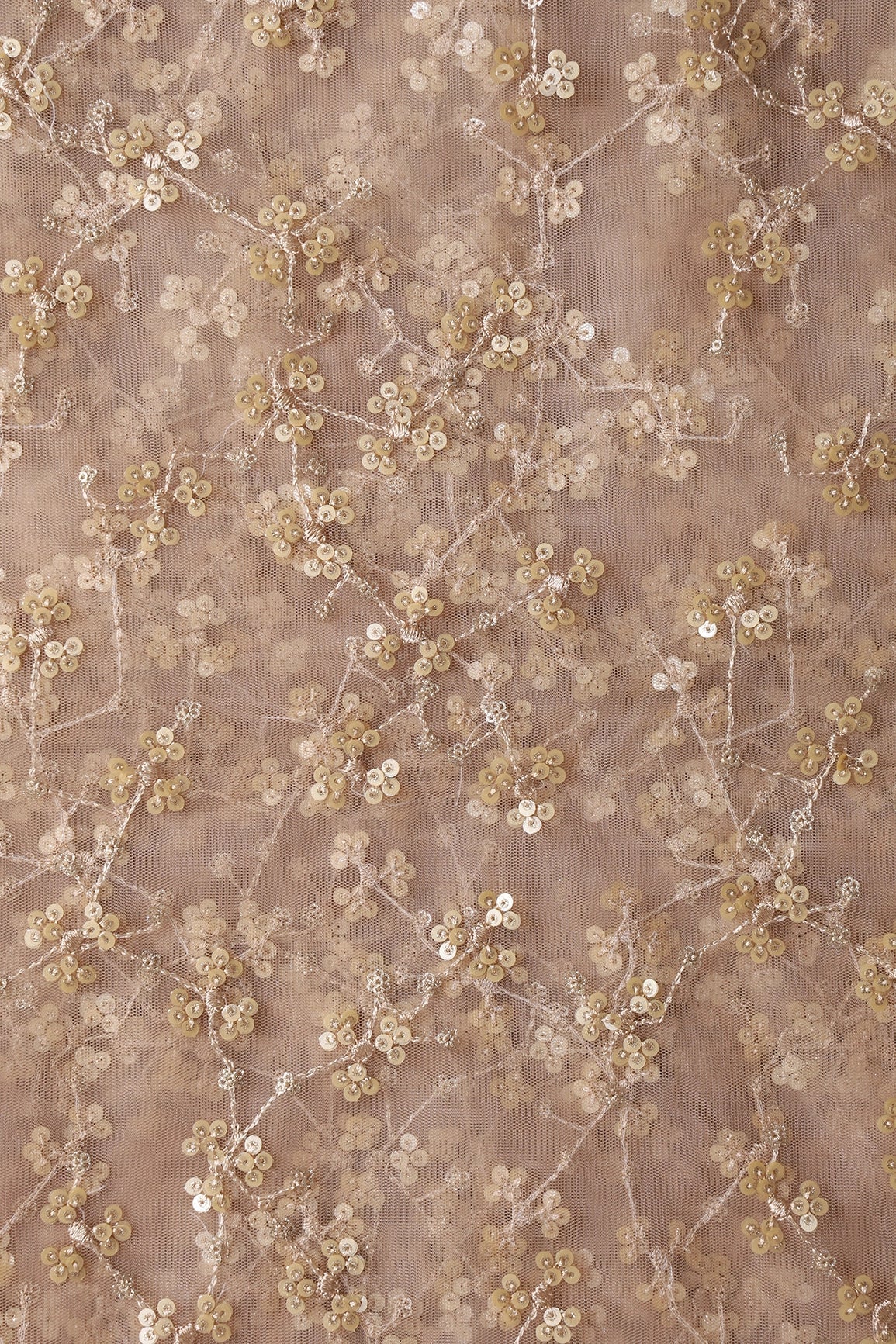 AIzaSyBcstauz-XMPRhEY21AUzeo032pxrXB5Ug - Beige And Gold Sequins With Geometric Embroidery On Beige Soft Net Fabric