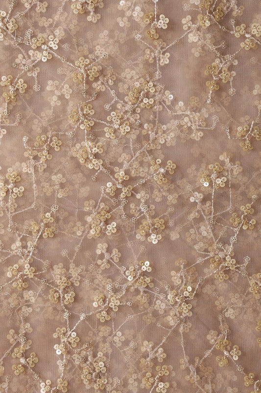 AIzaSyBcstauz-XMPRhEY21AUzeo032pxrXB5Ug - Beige And Gold Sequins With Geometric Embroidery On Beige Soft Net Fabric