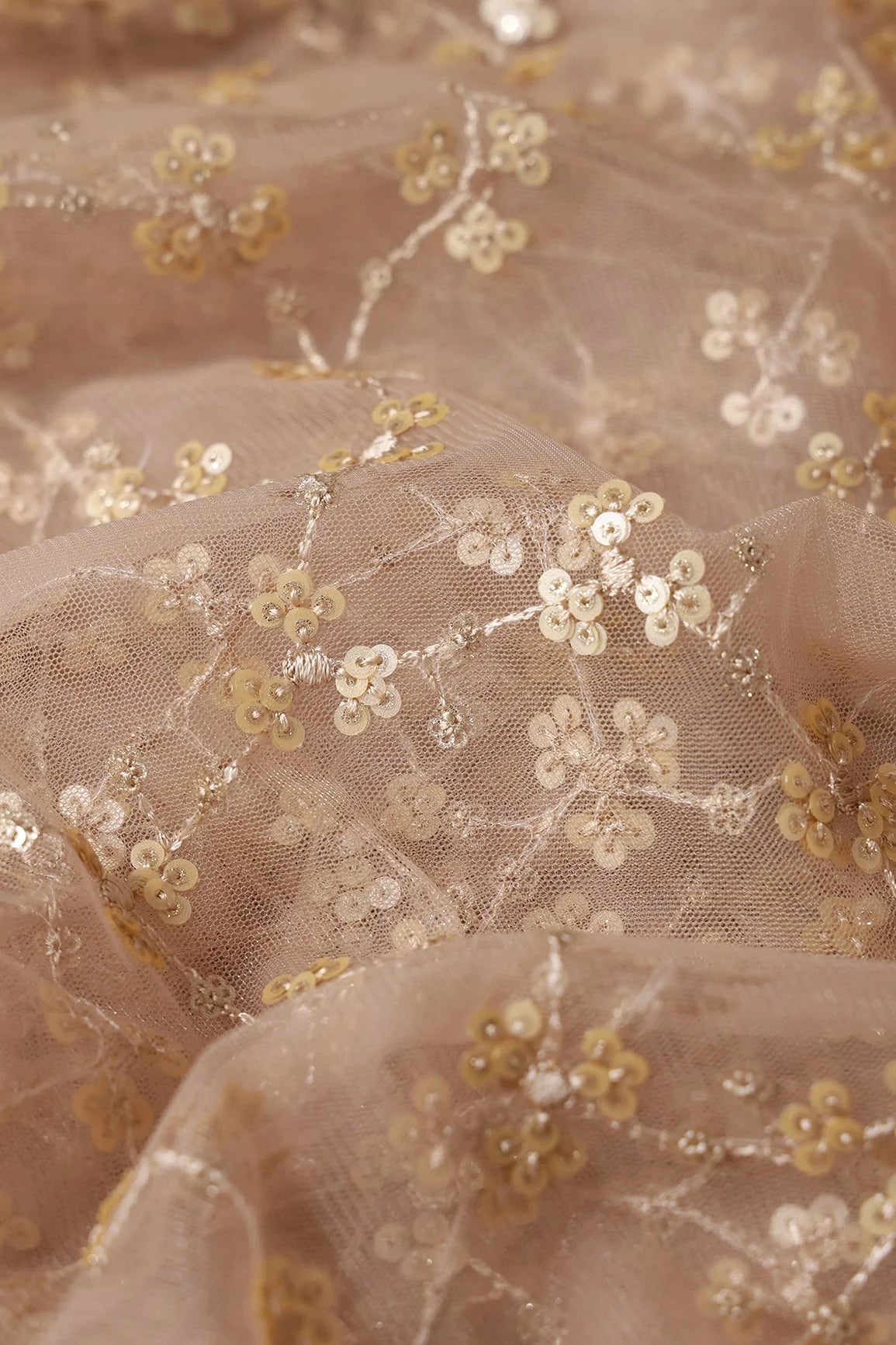 AIzaSyBcstauz-XMPRhEY21AUzeo032pxrXB5Ug - Beige And Gold Sequins With Geometric Embroidery On Beige Soft Net Fabric