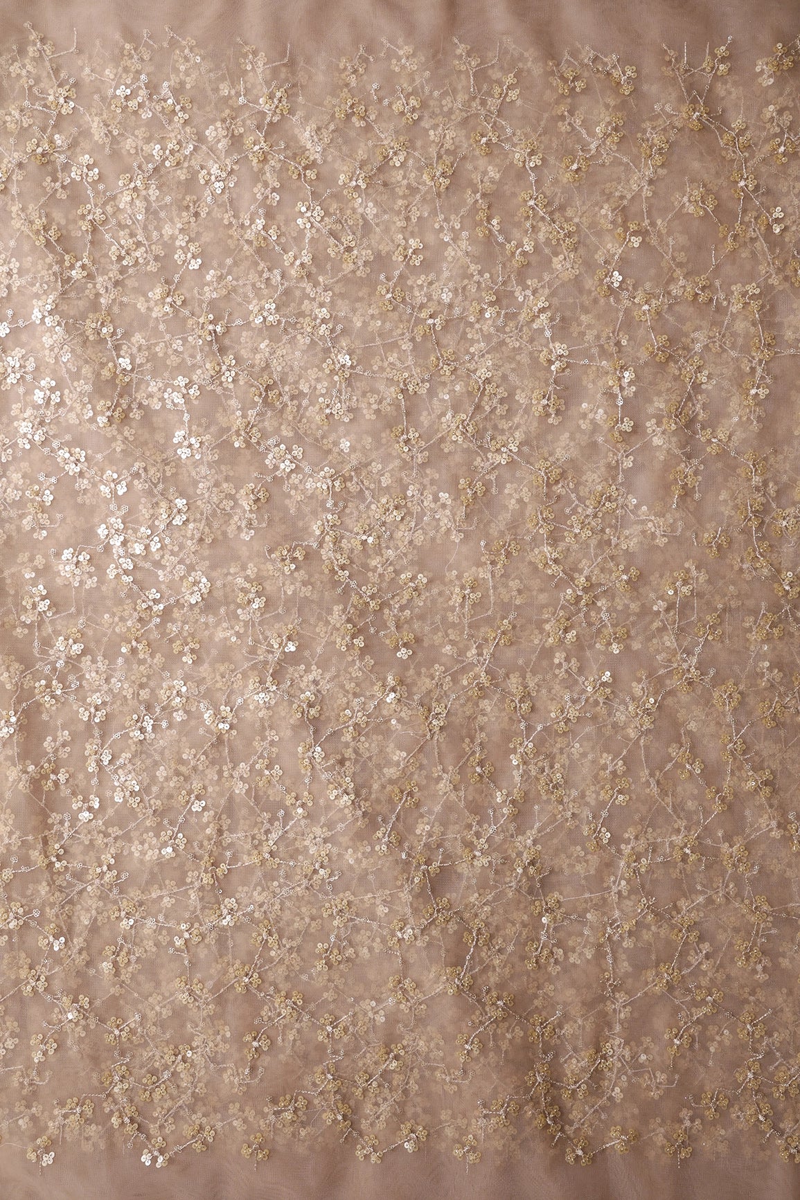 AIzaSyBcstauz-XMPRhEY21AUzeo032pxrXB5Ug - Beige And Gold Sequins With Geometric Embroidery On Beige Soft Net Fabric
