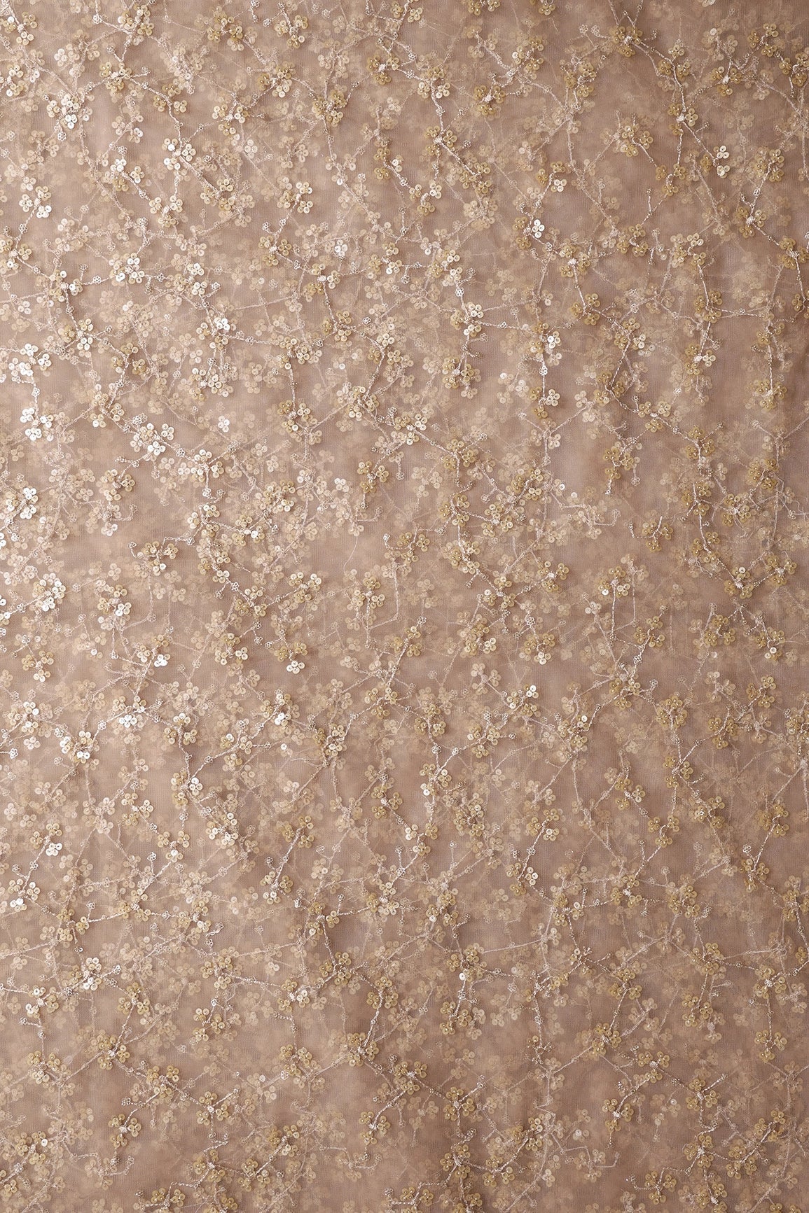 AIzaSyBcstauz-XMPRhEY21AUzeo032pxrXB5Ug - Beige And Gold Sequins With Geometric Embroidery On Beige Soft Net Fabric